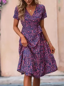 Breezaya Đầm quấn hông in họa tiết Allover cho kỳ nghỉ bãi biển dành cho nữ - Màu xanh hải quân - Xem 4