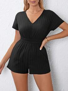 SHEIN LUNE Solid Batwing Sleeve Slant Pocket Romper Without Belt - Black - View 1