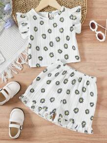 SHEIN Toddler Girls Floral Print Ruffle Trim Top & Shorts - White - View 1