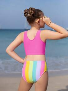 Tween Girl Striped Bikini Set Summer Beach - Multicolor - View 2