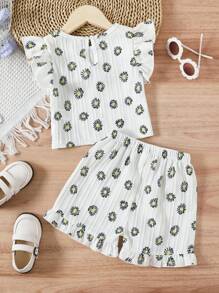 SHEIN Toddler Girls Floral Print Ruffle Trim Top & Shorts - White - View 2