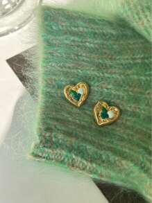 1pair Party Alloy Colorful Oil Drop Heart Shaped Stud Earrings For Women Dating Gift - Multicolor - View 2