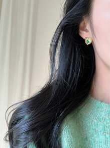 1pair Party Alloy Colorful Oil Drop Heart Shaped Stud Earrings For Women Dating Gift - Multicolor - View 3