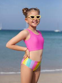 Tween Girl Striped Bikini Set Summer Beach - Multicolor - View 3