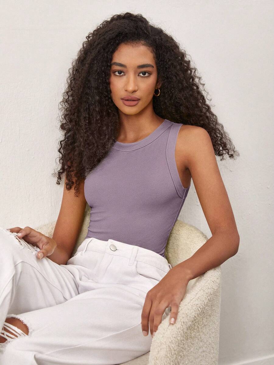 SHEIN BASICS Solid Ribbed Knit Tank Top - Mauve Purple - View 1