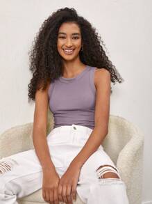 SHEIN BASICS Top tank unicolor tejido de canalé - Púrpura malva - Ver 4