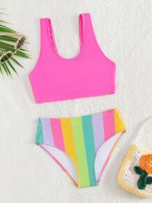 Tween Girl Striped Bikini Set Summer Beach - Multicolor - View 6