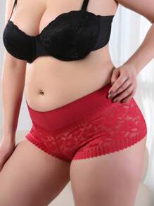 Plus Size Floral Lace Panty - Red - View 5