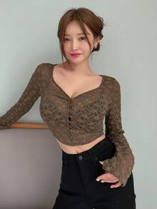 DAZY Áo nữ Nút phía trước màu trơn Giải trí - Cà phê nâu - Xem 7