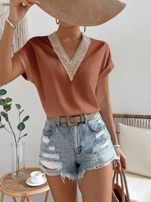 SHEIN LUNE Contrast Guipure Lace Panel Batwing Sleeve Blouse - Bronze - View 4