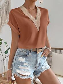 SHEIN LUNE Contrast Guipure Lace Panel Batwing Sleeve Blouse - Bronze - View 5