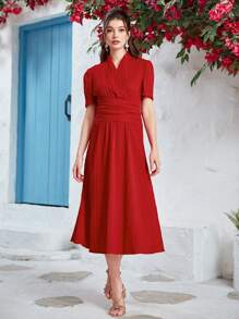Modelyn Solid Surplice Neck Ruched Waist A-line Dress - Red - View 1