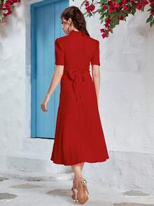 Modelyn Solid Surplice Neck Ruched Waist A-line Dress - Red - View 2
