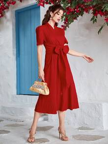 Modelyn Solid Surplice Neck Ruched Waist A-line Dress - Red - View 4