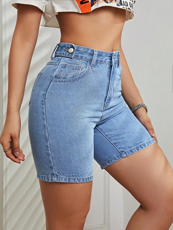 SHEIN EZwear Washed Button Detail Denim Shorts SHEIN USA