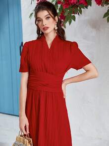 Modelyn Solid Surplice Neck Ruched Waist A-line Dress - Red - View 7