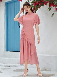 Modelyn 小高領蝴蝶袖褶邊圍裹洋裝