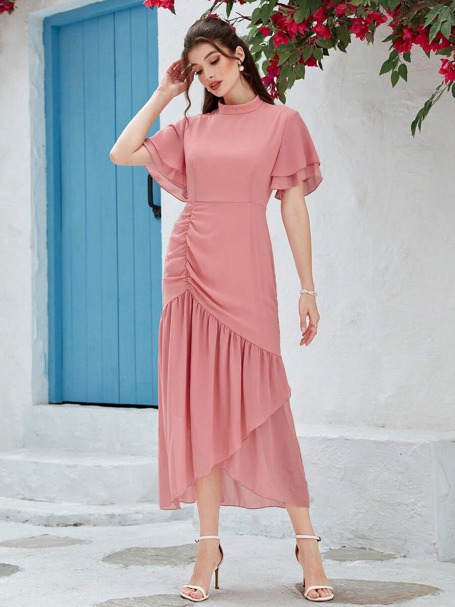 Modelyn 小高領蝴蝶袖褶邊圍裹洋裝