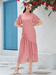 Modelyn 小高領蝴蝶袖褶邊圍裹洋裝