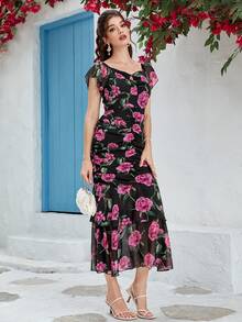 Modelyn Floral Print Ruched Mermaid Hem Dress - Black - View 8
