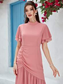 Modelyn 小高領蝴蝶袖褶邊圍裹洋裝