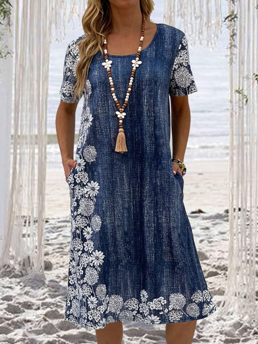 印花斜口袋直筒洋裝