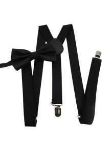 ZONFAZ 2 件男士可调节纯色涤纶吊带 + 领结套装，百搭时尚 - 黑色 - 查看 3
