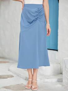 Modelyn 素色前收褶半身裙 - 藍色 - 查看 3