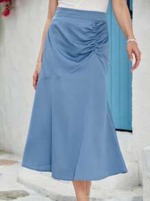 Modelyn 素色前收褶半身裙 - 藍色 - 查看 4