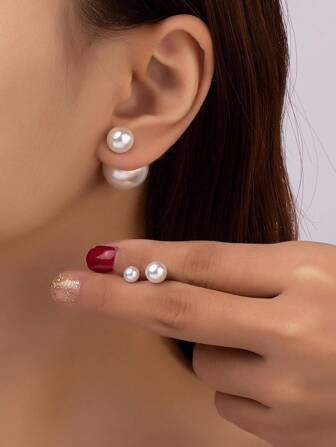 3pairs Fashionable Double-Sided Faux Pearl Stud Earrings Set With Feeling