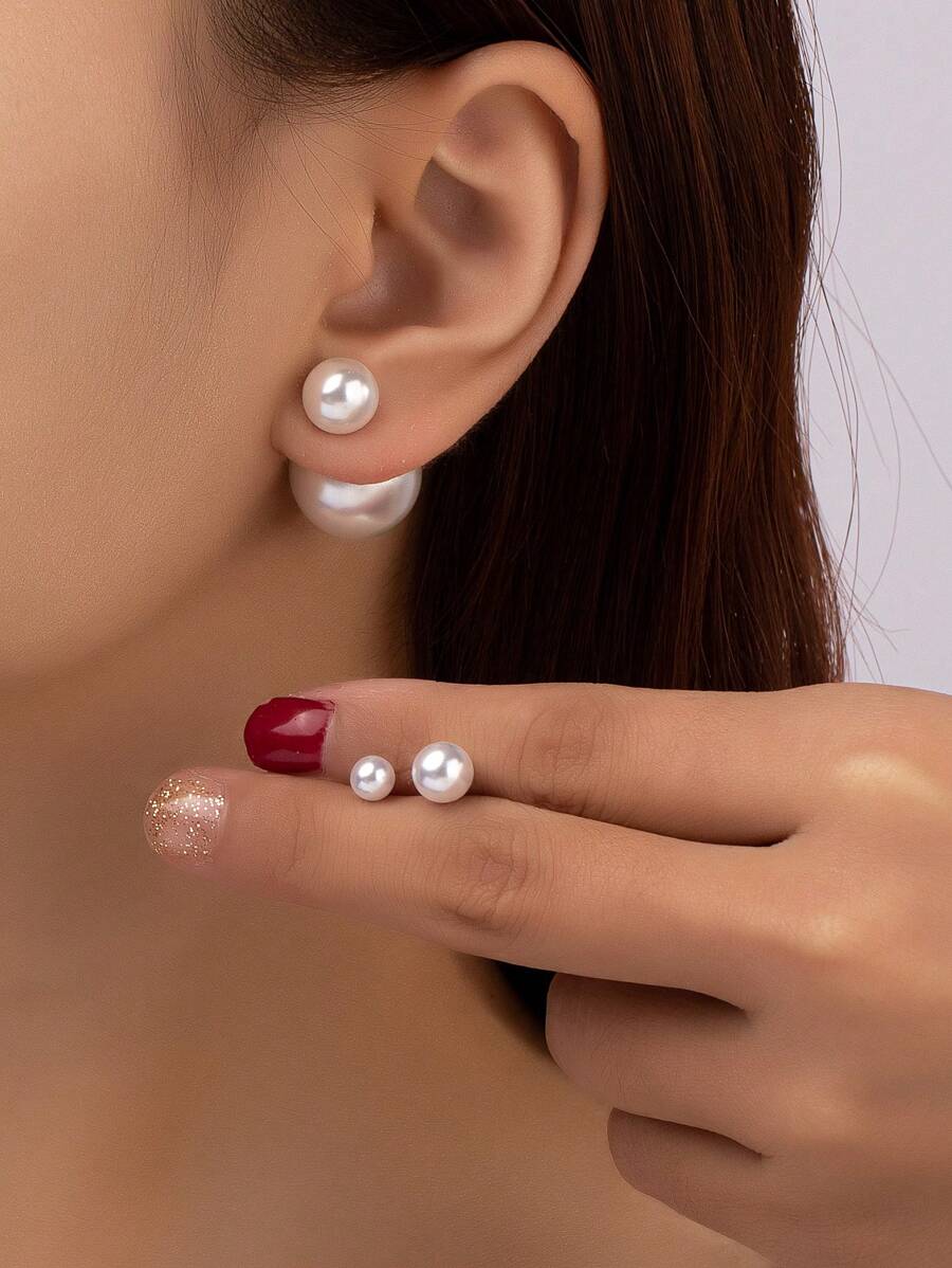 3 đôi Đúng mốt Tính hai mặt Ngọc trai Giả Bông tai stud Bộ Với Cảm giác