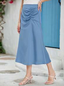 Modelyn 素色前收褶半身裙 - 藍色 - 查看 6