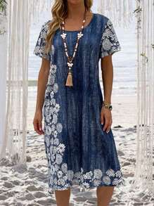 印花斜口袋直筒洋裝