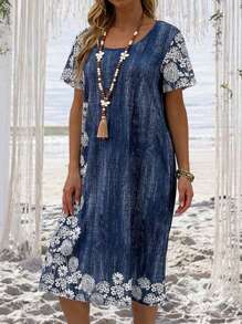 印花斜口袋直筒洋裝