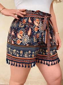 EMERY ROSE Plus Floral Print Tassel Trim Belted Shorts - Multicolor - View 3