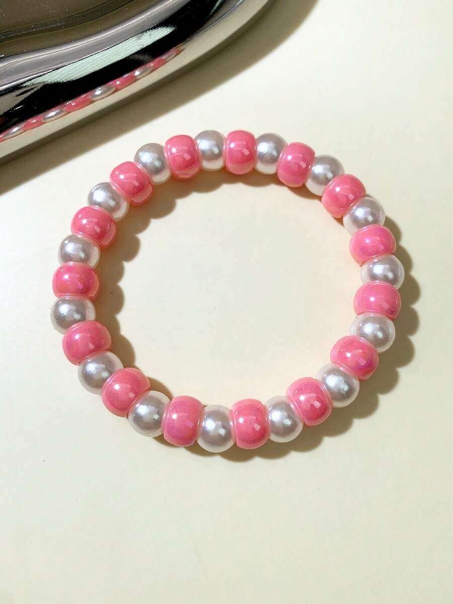 1 件女士仿珍珠和全息亚克力弹性串珠手链