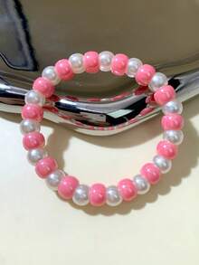 1 件女士仿珍珠和全息亚克力弹性串珠手链