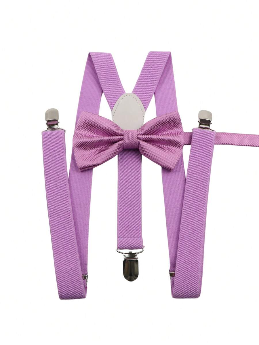 ZONFAZ Bộ 2 dây đeo quần bằng polyester màu trơn đa năng thời trang dành cho nam + nơ - Màu tím hoa cà - Xem 1