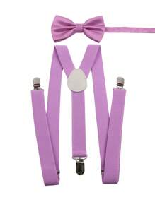 ZONFAZ Bộ 2 dây đeo quần bằng polyester màu trơn đa năng thời trang dành cho nam + nơ - Màu tím hoa cà - Xem 2