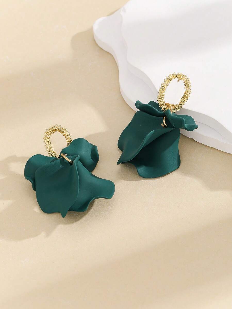 2入組時尚花瓣耳墜適合女士日常裝飾 - 墨綠色 - 查看 1