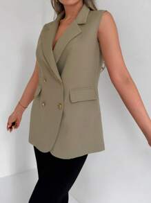 EURMUSE Double Breasted Vest Blazer - Olive Green - View 3