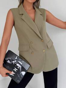EURMUSE Double Breasted Vest Blazer - Olive Green - View 4
