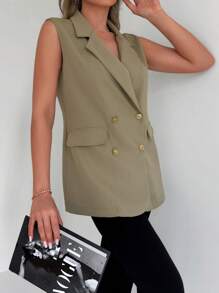 EURMUSE Double Breasted Vest Blazer - Olive Green - View 5