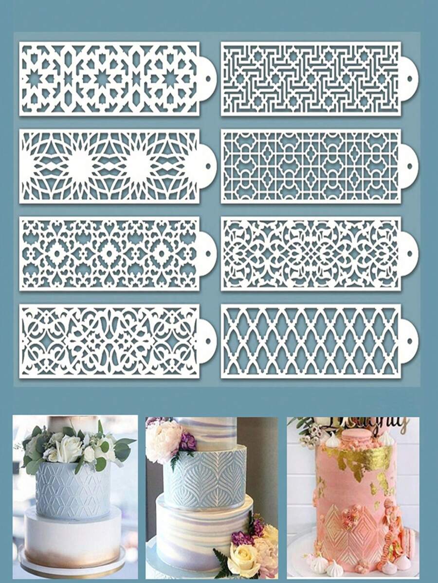 8入組/套塑料模板日常幾何設計空心可重複使用蛋糕裝飾模板用於蛋糕裝飾 - 白色 - 查看 1