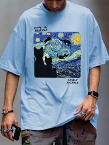 Manfinity Hypemode Men Slogan Graphic Drop Shoulder Tee - Dusty Blue - View 1