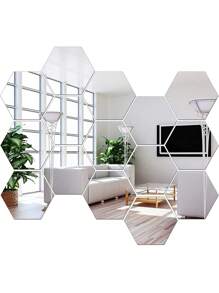 12 piezas/set Espejo moderno con diseño geométrico Espejo de pared azulejo para casa - Plateado - Ver 1
