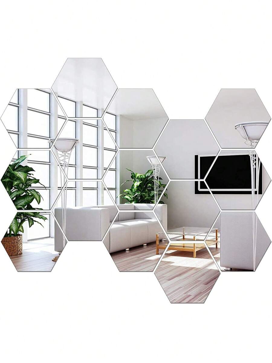 12 piezas/set Espejo moderno con diseño geométrico Espejo de pared azulejo para casa - Plateado - Ver 1
