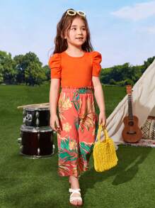 SHEIN Toddler Girls Puff Sleeve Tee & Tropical Print Wide Leg Trousers - Orange - View 1