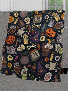 1入組骷髏和南瓜圖案毛毯現代面料柔軟保暖毛毯適用於客廳和臥室家居裝飾 - 彩色 - 查看 1