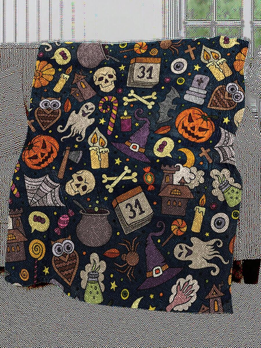 1入組骷髏和南瓜圖案毛毯現代面料柔軟保暖毛毯適用於客廳和臥室家居裝飾 - 彩色 - 查看 1